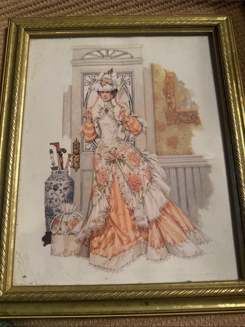 Avon Mrs Albee- Victoria Lady Floral Print in Gold Frame - Peach & Cream Palette